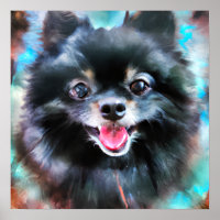 Crazy Happy Black Pomeranian Dog Retrato Art