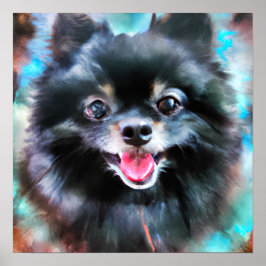 Póster Crazy Happy Black Pomeranian Dog Retrato Art