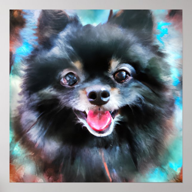 Póster Crazy Happy Black Pomeranian Dog Retrato Art (Frente)