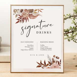 Póster Cream Boho Floral Bar Signature Bebe Boda