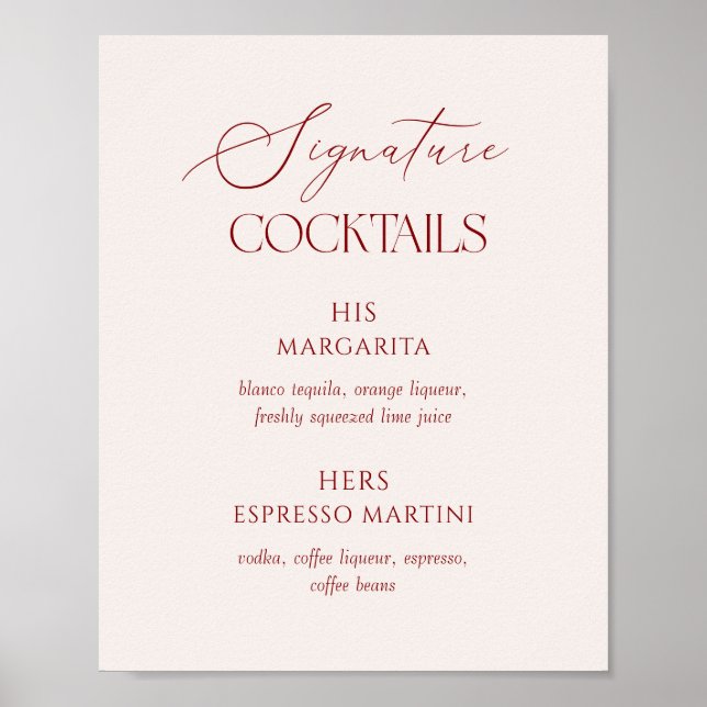 Póster Cream & Burgundy Wedding Signature Cocktails (Frente)