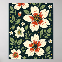Póster Cream Flowers with Red Centers & Green Leaves