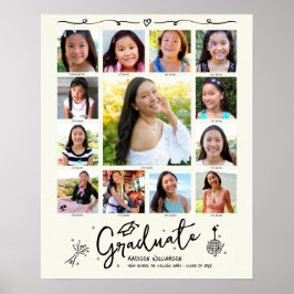 Póster Cream Graduation K–12 Photo Collage Black Doodles