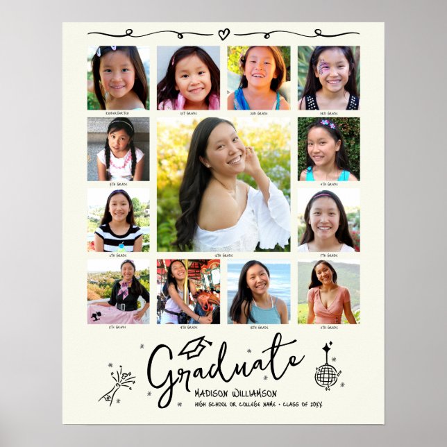 Póster Cream Graduation K–12 Photo Collage Black Doodles (Frente)