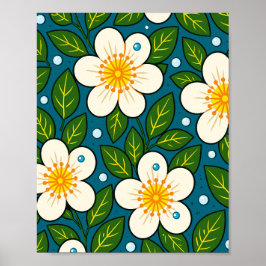 Póster Creamy White Florals Pattern with Green Leaves