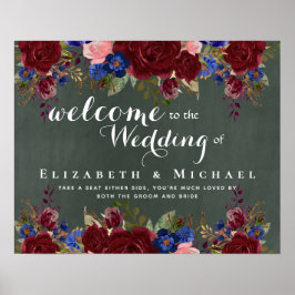Póster Crear signo de bienvenida Boda Floral azul borgoña