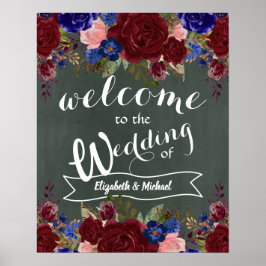 Póster Crear signo de bienvenida Boda Floral azul borgoña