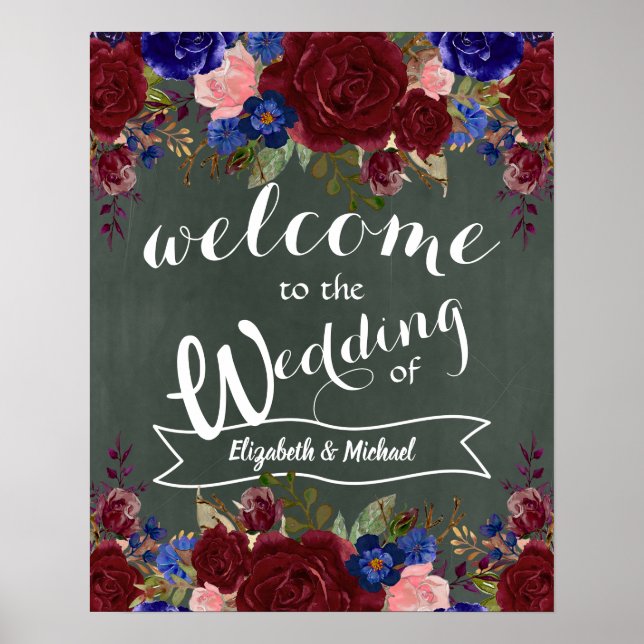 Póster Crear signo de bienvenida Boda Floral azul borgoña (Frente)