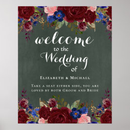 Póster Crear signo de bienvenida Boda Floral azul borgoña
