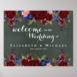Póster Crear signo de bienvenida Boda Floral azul borgoña
