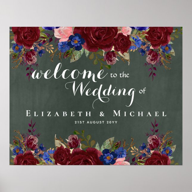 Póster Crear signo de bienvenida Boda Floral azul borgoña (Frente)