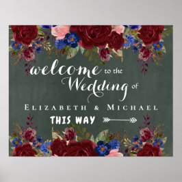 Póster Crear signo de bienvenida Boda Floral azul borgoña