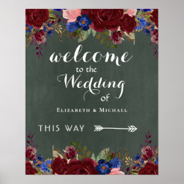 Póster Crear signo de bienvenida Boda Floral azul borgoña