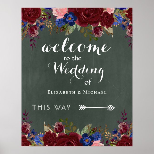 Póster Crear signo de bienvenida Boda Floral azul borgoña (Frente)