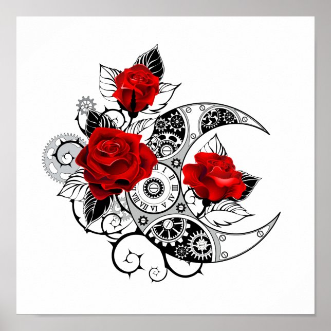 Póster Creciente Mecánico con Rosas Rojas (Frente)