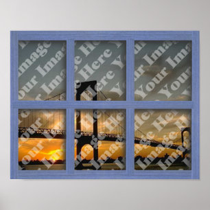 Póster Cree su propio marco de ventana de madera azul de