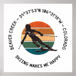 Póster Creek Ski Beaver, Colorado - Lady Skier Black Text