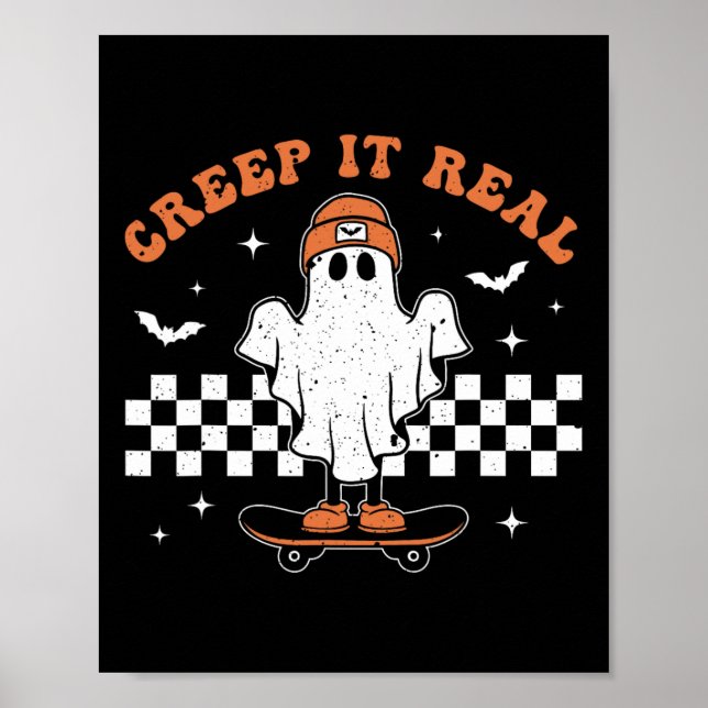 Póster Creep It Real Ghost Skateboard Retro Cute Hallowee (Frente)