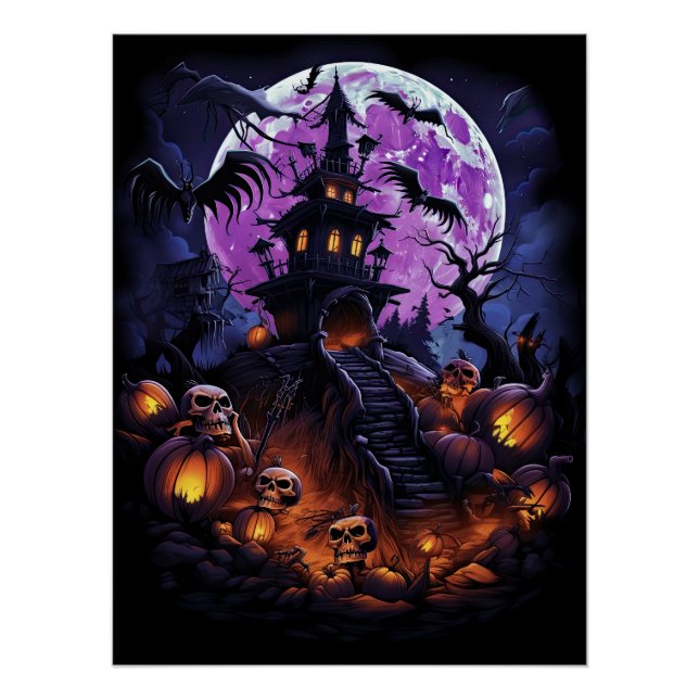 Póster Creepy Haunted House Purple Halloween Party (Anverso)