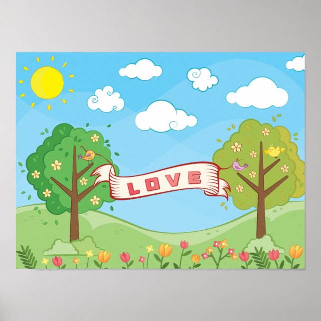 Póster Creer en el amor Amabilidad Árboles Flores Aves (Frente)