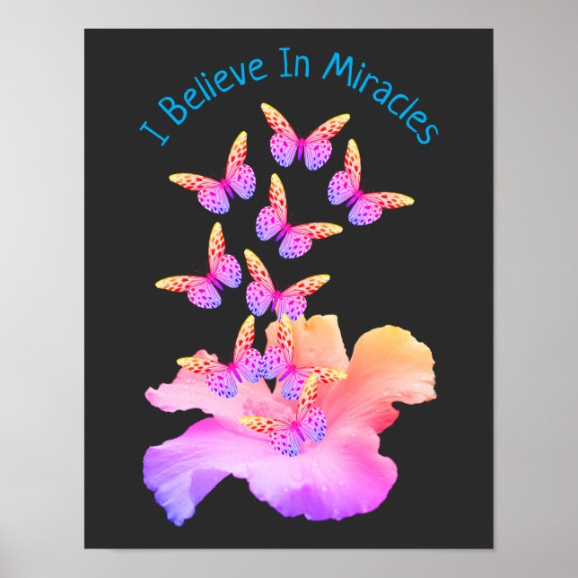 Póster Creer En Los Milagros Hibiscus Flores Mariposas (Frente)
