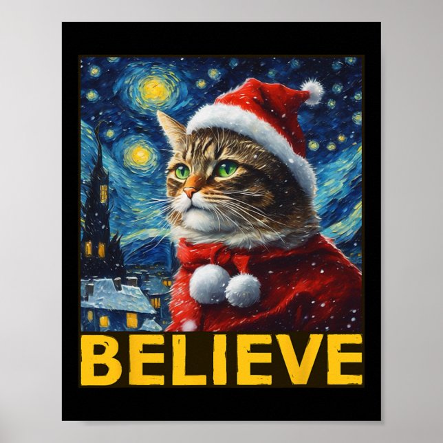 Póster Creer Navidades Shirt Starry Night Van Gogh Cat (Frente)