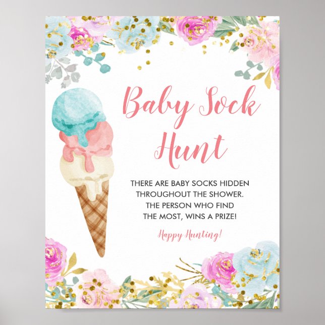 Póster Crema de helado Pastel Floral Baby Sock Hunt Game (Frente)