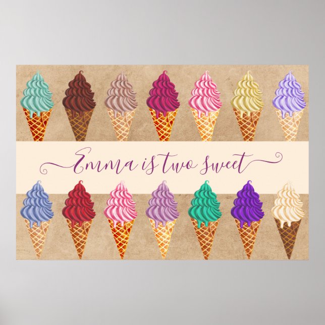 Póster Crema De Hielo Cute Fiesta Niña 2 Años Cumpleaños (Frente)