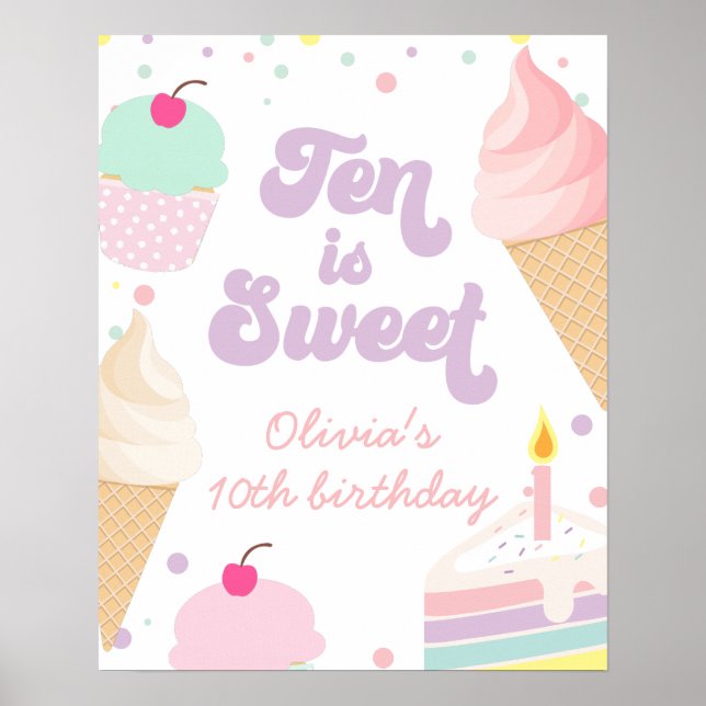 Póster Crema de hielo y pastel diez es dulce décimo cumpl (Frente)