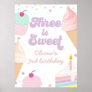 Póster Crema de hielo y pastel tres es dulce tercer cumpl
