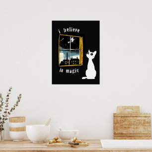 Póster Creo en la magia Gato blanco bruja vintage Linocut