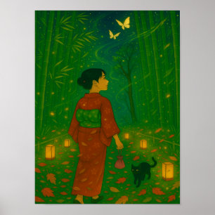 Póster Crepúsculo en el bosque de Bambú - Chica Kimono