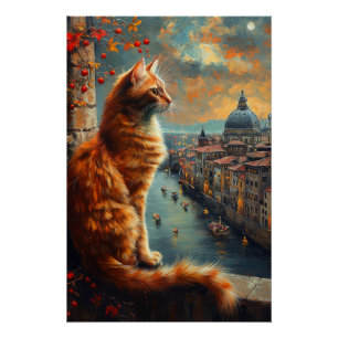 Póster Crepúsculo en Venecia Gato Naranja en un Canal