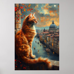 Póster Crepúsculo en Venecia Gato Naranja en un Canal