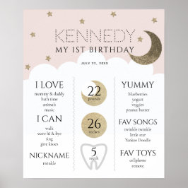 Póster Crescent Moon & Stars Pink 1er cumpleaños hito