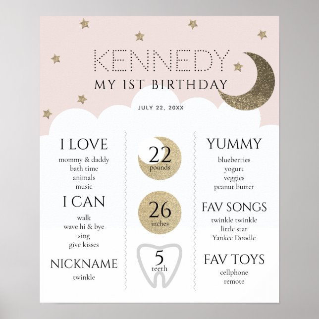 Póster Crescent Moon & Stars Pink 1er cumpleaños hito (Frente)