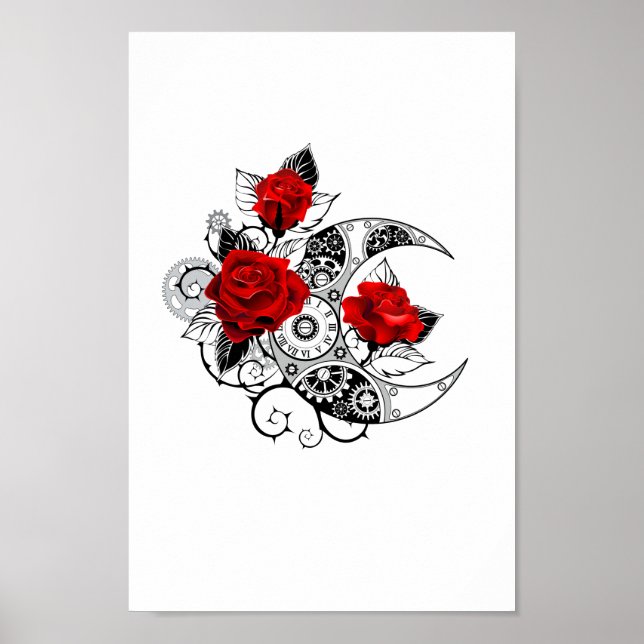 Póster Crescente Mecánico con Rosas Rojas (Frente)