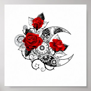 Póster Crescente Mecánico con Rosas Rojas