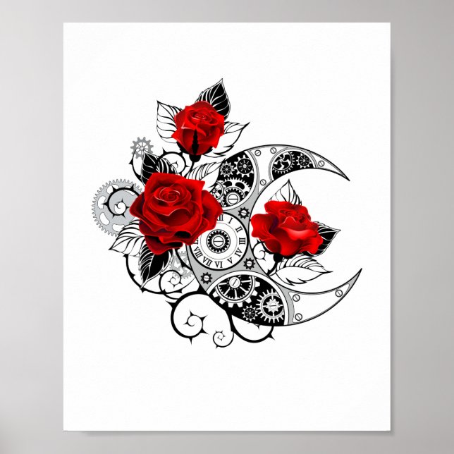 Póster Crescente Mecánico con Rosas Rojas (Frente)