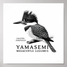 Póster Crested Kingfisher Black & White Art Print