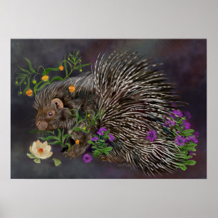 Póster Crested Porcupine Bouquet Art