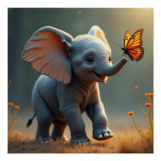 Póster Cría de elefante persiguiendo a una mariposa Póste