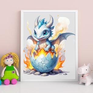Póster Cría de Fuego Gélido Dragón Azul Fantasía