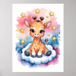 Póster Cría de jirafa soñadora en una nube - Acuarela