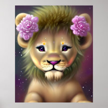 Cría de León Adorable con Gráficos de Flores Rosas