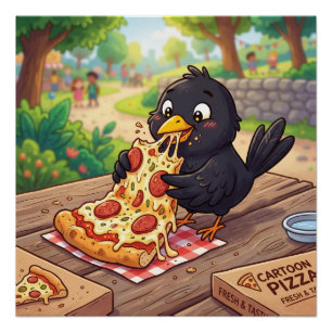Póster Cría de mirlo dibujado comiendo pizza