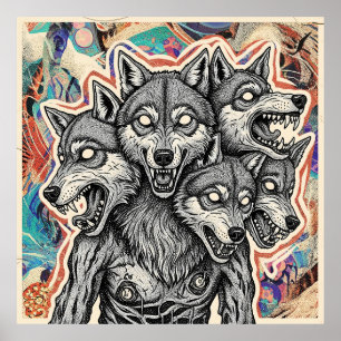 Póster Criatura de lobo de tres cabezas