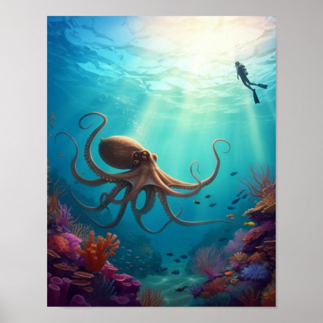 Póster Criatura marina ve a un buceador (Frente)