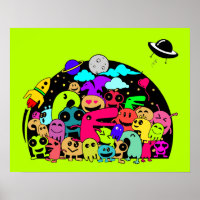 Criaturas de monstruo en el diseño del doodle espa