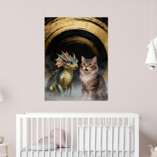 Póster Criaturas míticas de gato-dragón sorprendidas